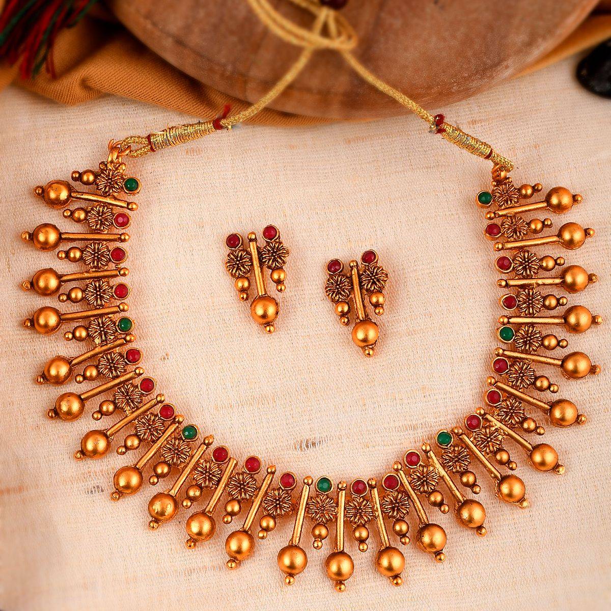 Shoshaa Gold-Plated Green and Red Stones-Studded Beaded Jewellery (Set of 2)