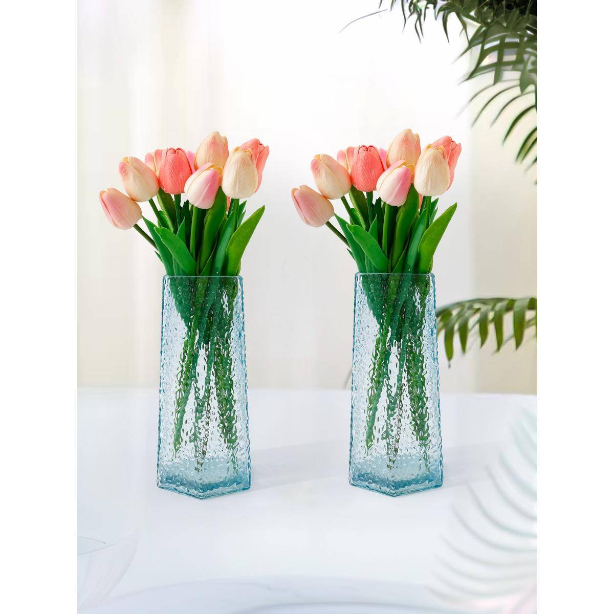 UMAI Glass Vase For Home Decor Blue (Pack of 2)
