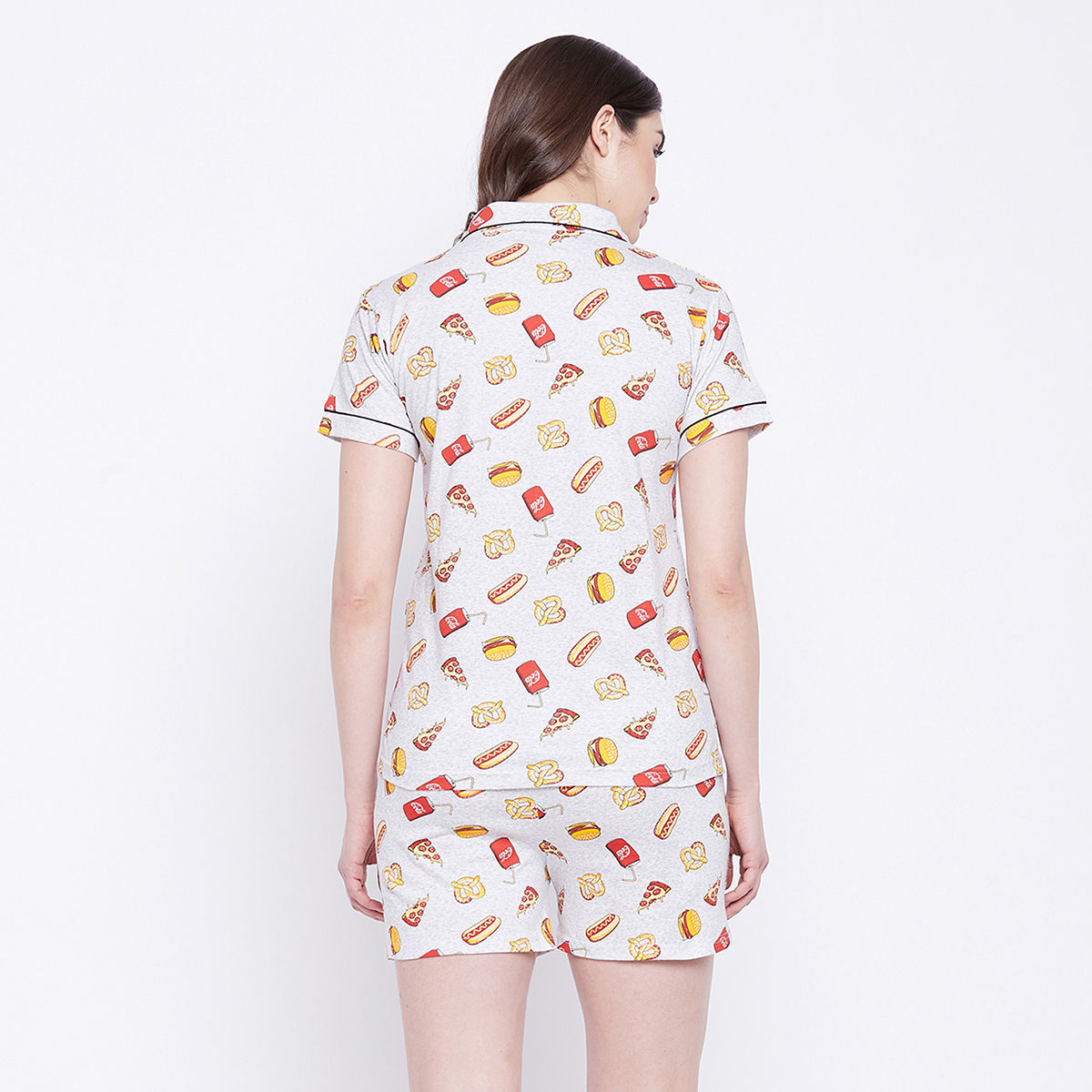 Clovia Cotton Printed Button Down Shirt & Shorts Set Grey Buy Clovia