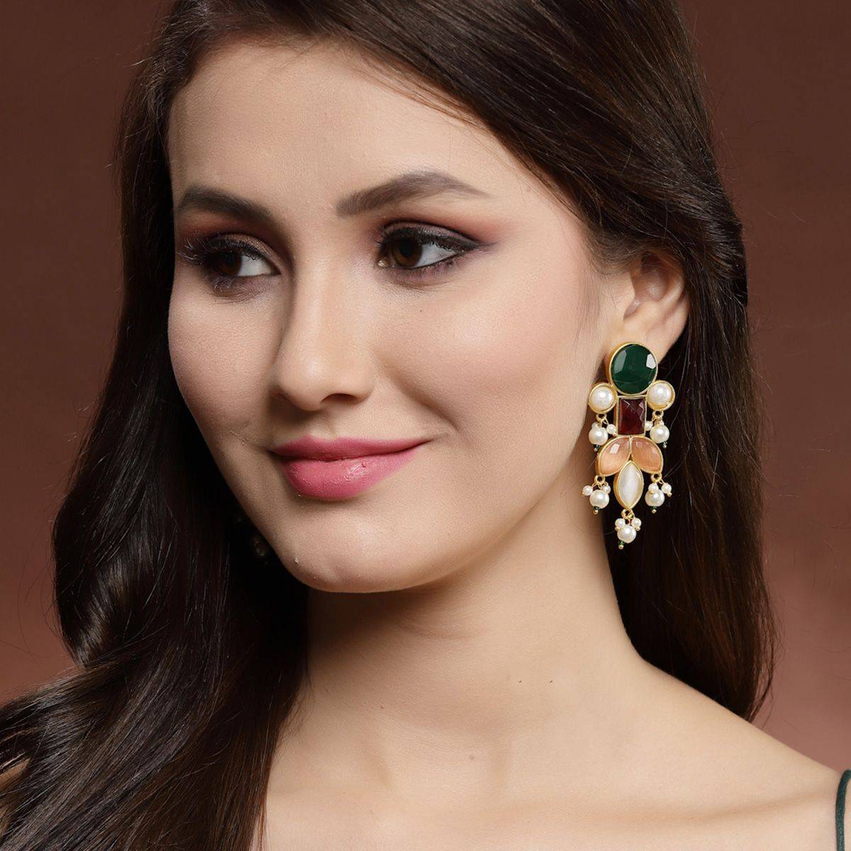 PANASH Gold Plated Stone and Pearls Handcrafted Drop Earrings