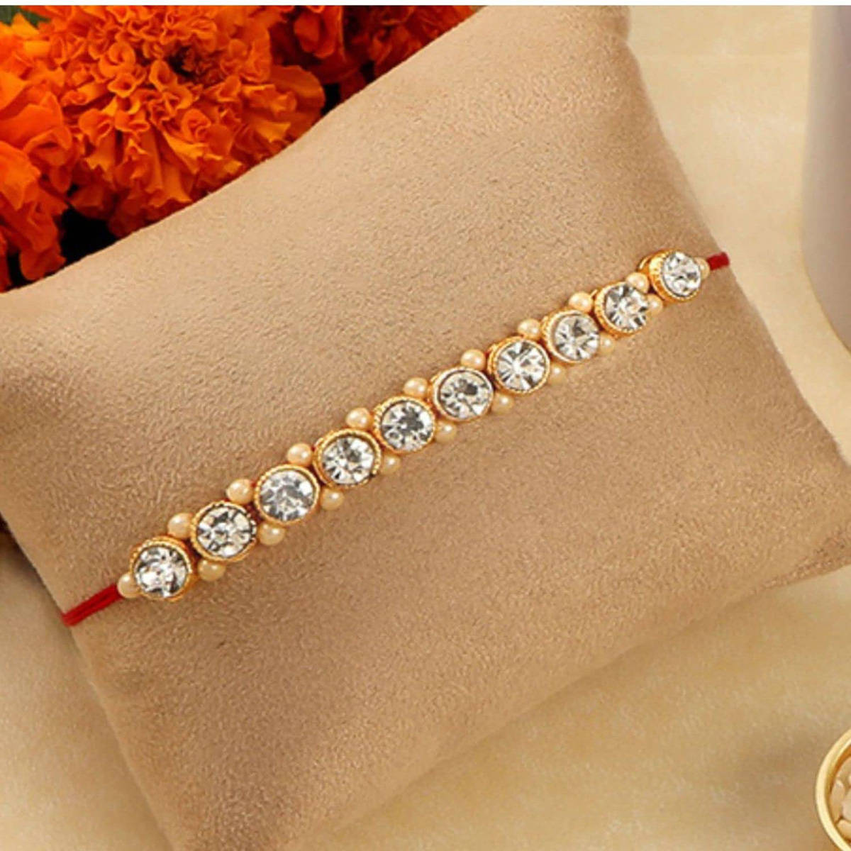 Accessher Statement Rhinestones Embellished Rakhi with Roli, Rice & Card