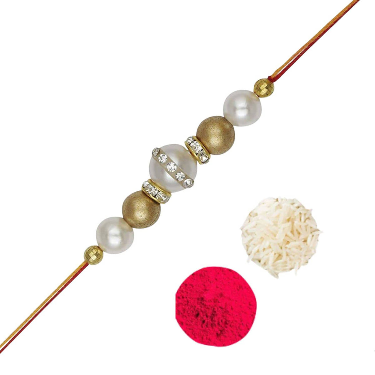 Accessher Traditional Delicate Gold Beads Rakhi with Roli, Rice & Card