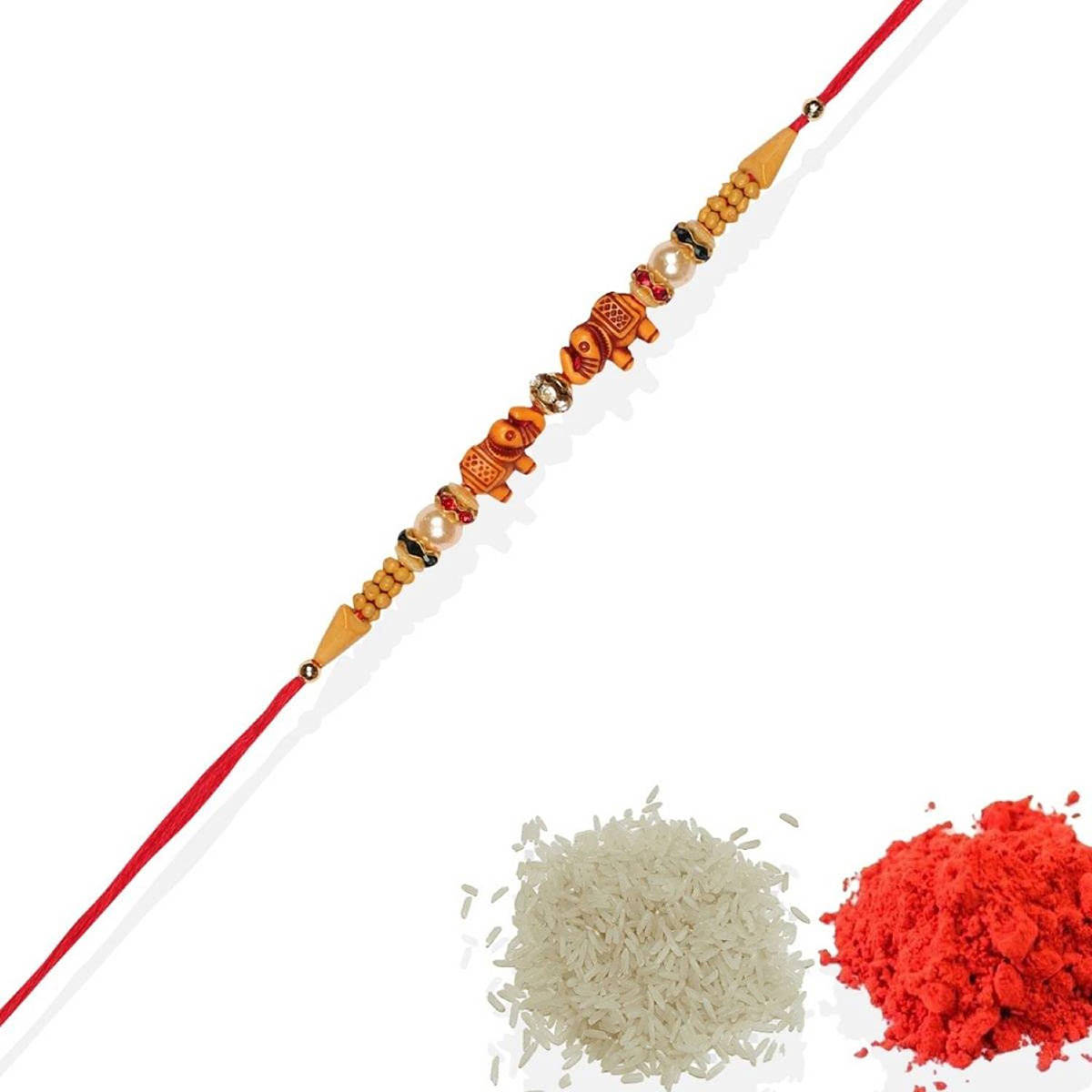 Accessher Delicate Elephant Design Beads Rakhi for Brother with Roli, Rice & Card