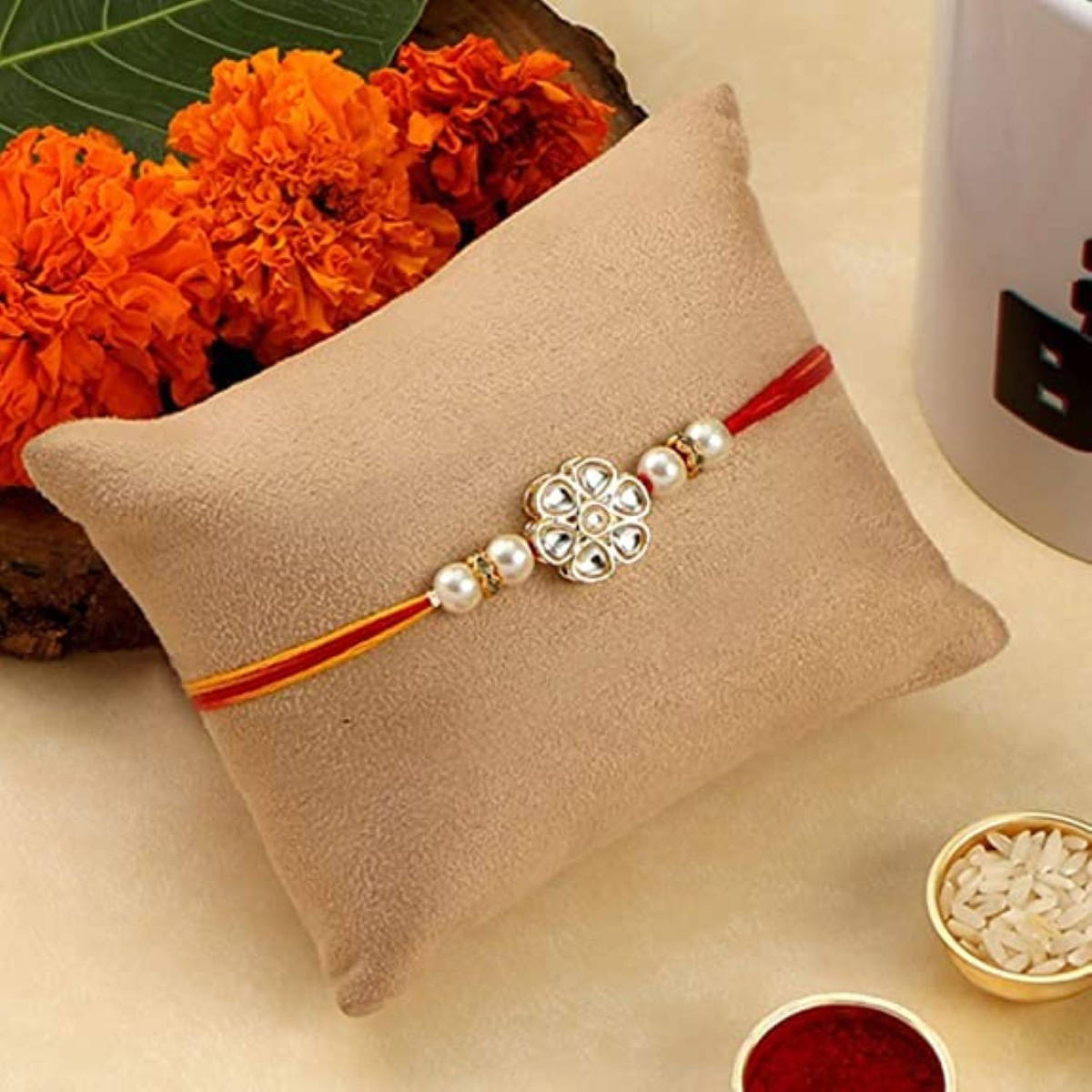 Accessher Minimal Kundan Floral Design Rakhi with Roli, Rice & Card