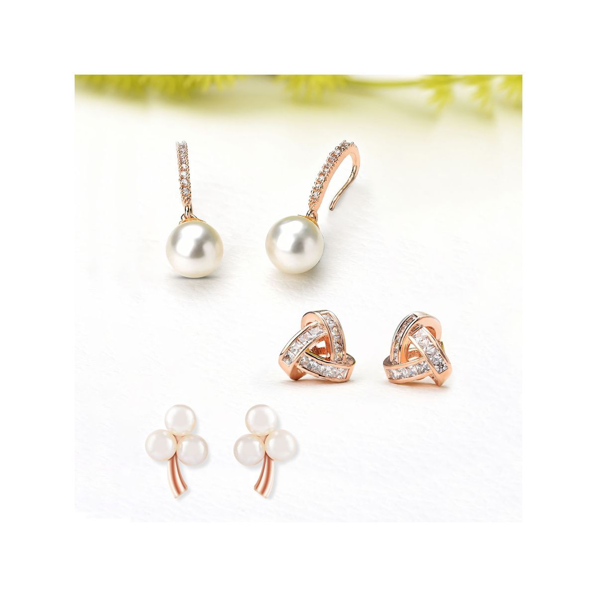 Zaveri Pearls Combo of 3 Rose Gold Cubic Zirconia Brass Stud & Drop Earring-ZPFK10854