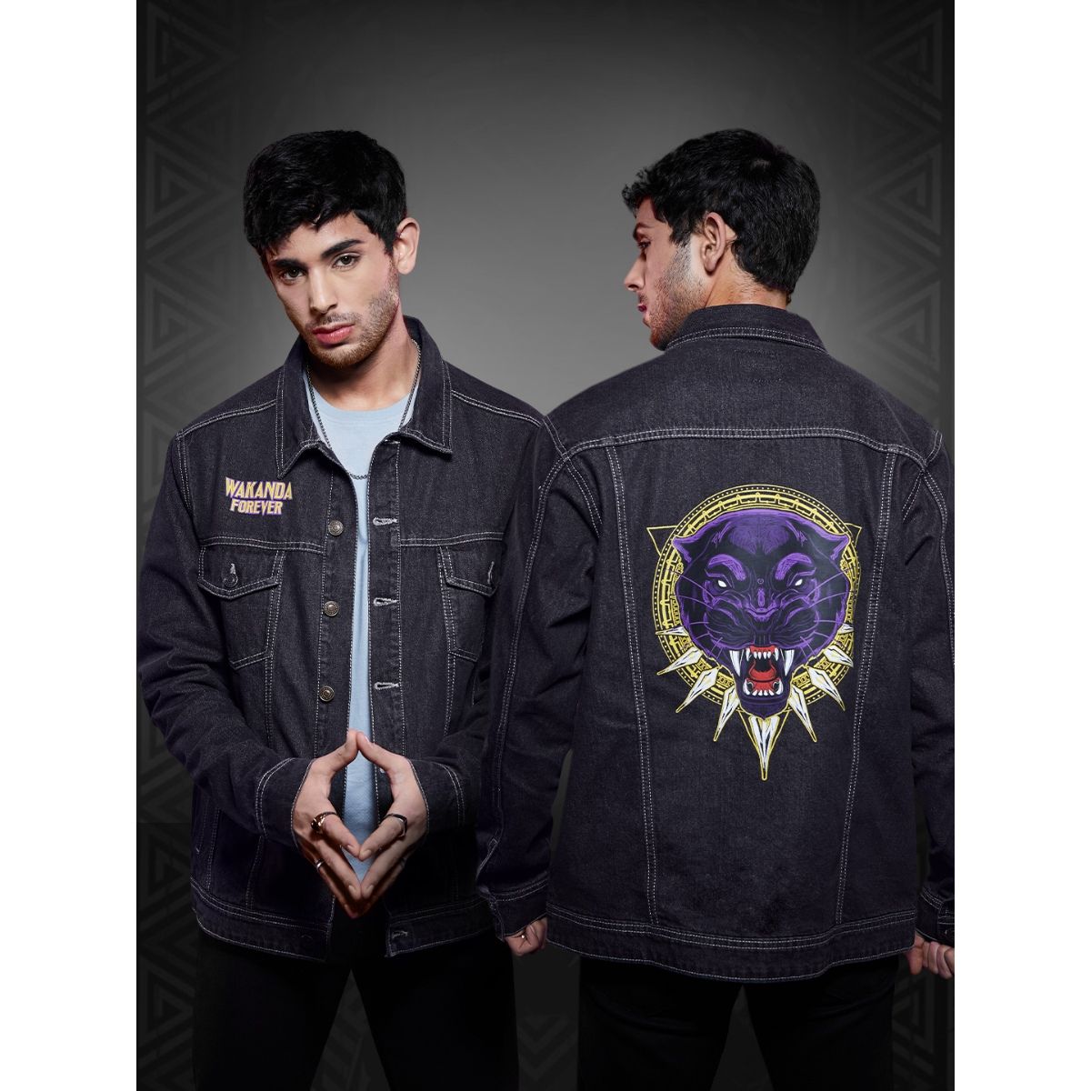 The Souled Store Black Panther Wakanda Forever Printed Denim Denim Jackets