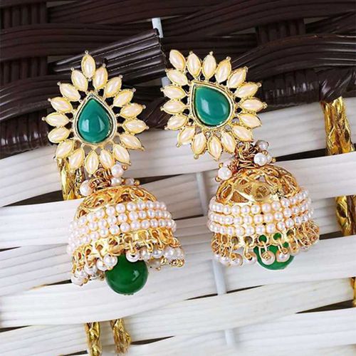 Yellow Chimes Gold toned green studded stone floral pearl jhumki earrings