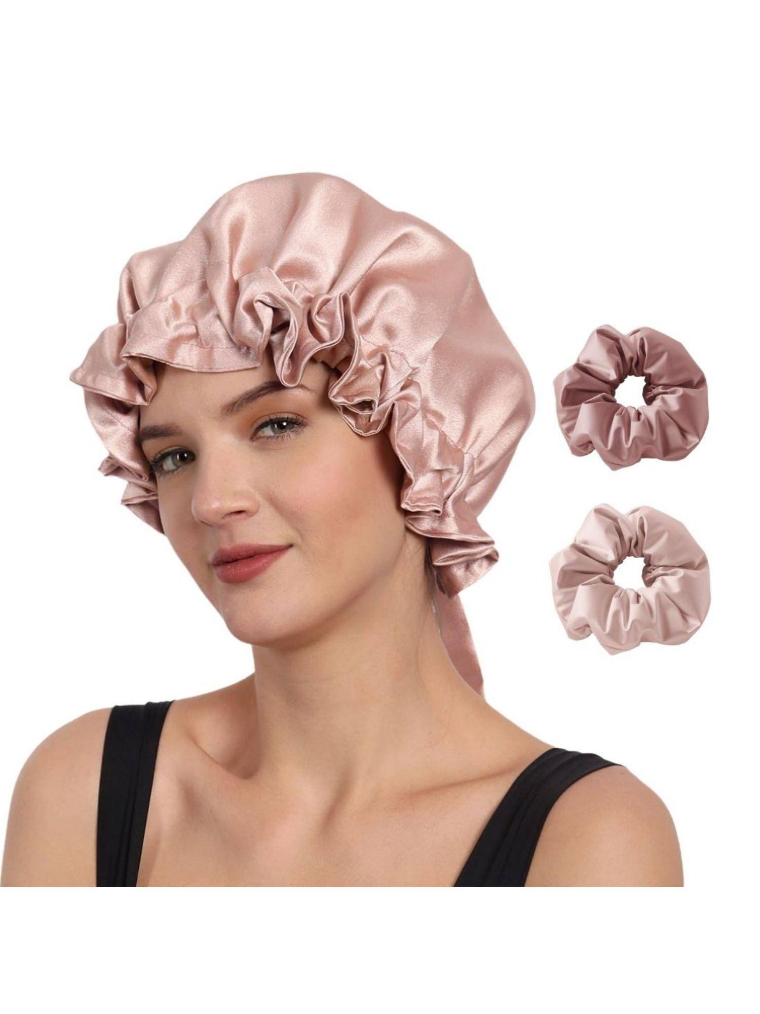 Mueras Women Light Pink Satin Hair Bonnet and 2 Scrunchies
