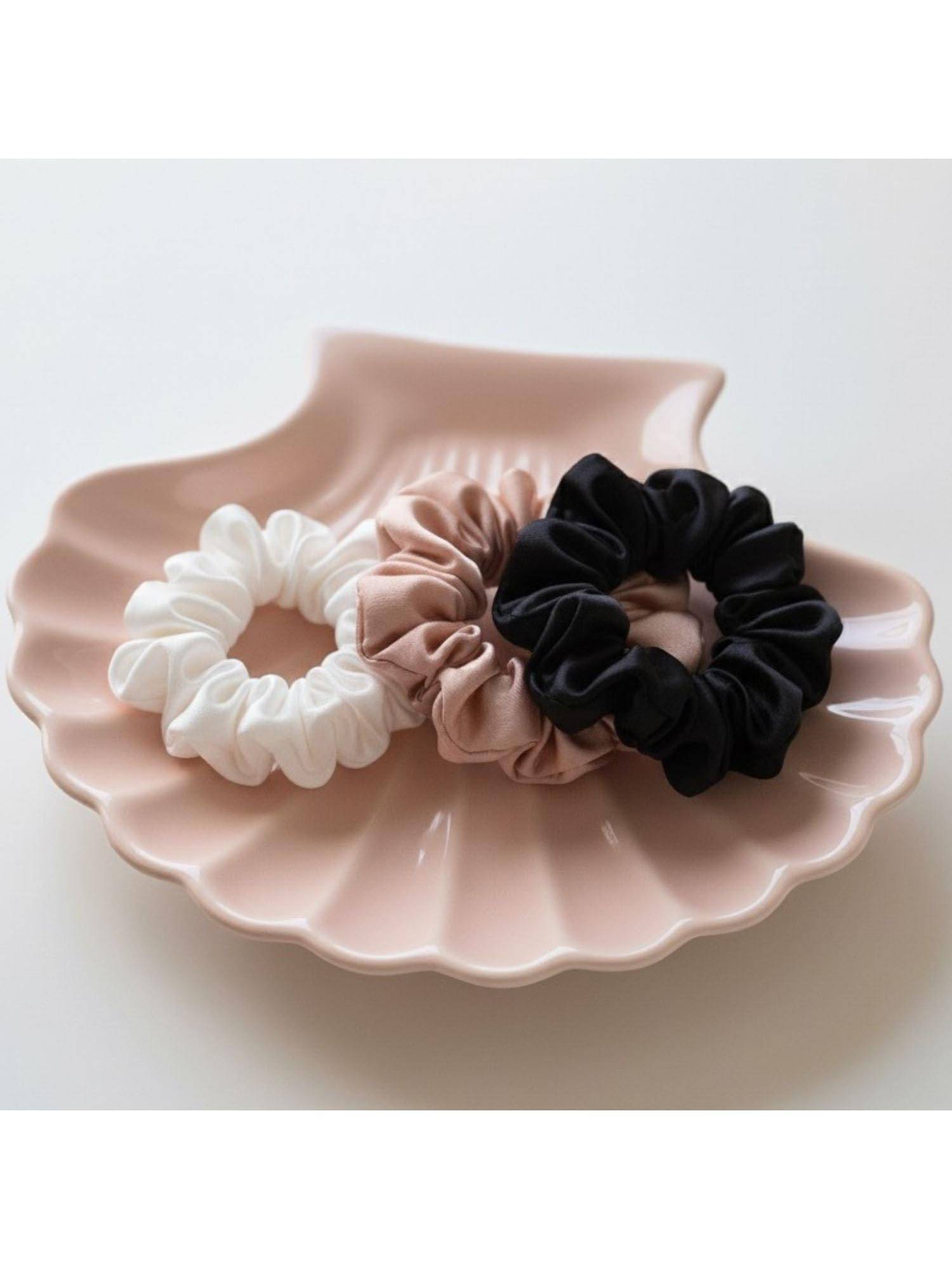 Mueras Women Light Pink-Off White and Black Satin Scrunchies (Pack of 3)