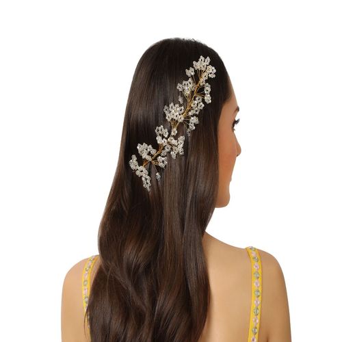 AccessHer Gold Plated Beaded Western White Floral Hair Accessories Tiara  Comb Indo With Pearls