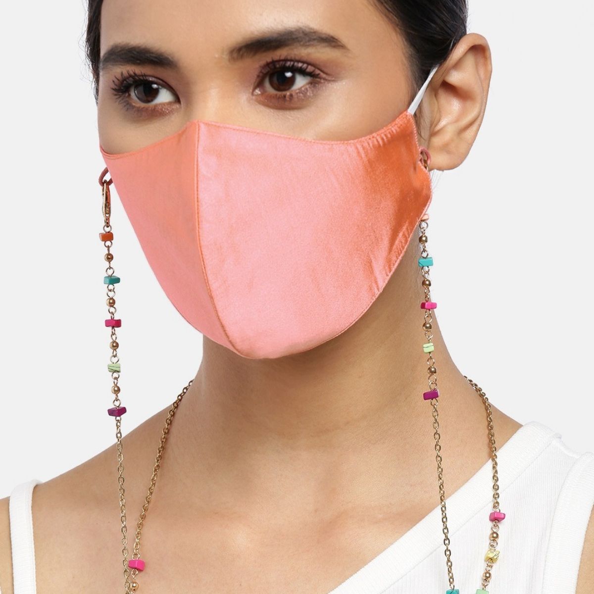 Blueberry Peach Reusable 2-Ply Satin Face Mask With Gold Plated Beaded Chain