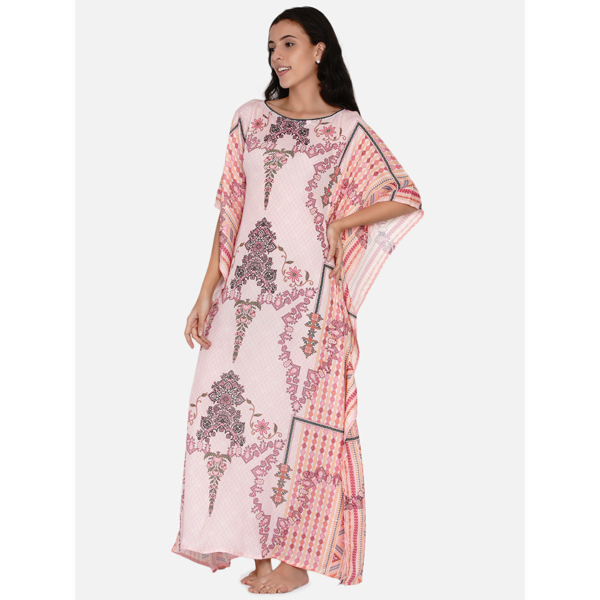 The Kaftan Company Pastel Patterned Kaftan With Decorative Borders Pink ...