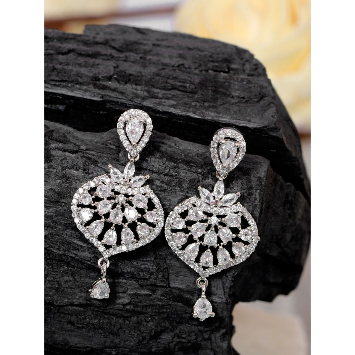Buy Buy Now Peach Silver Stone Studded Earrings With Maang Tikka Online  From Surat Wholesale Shop.