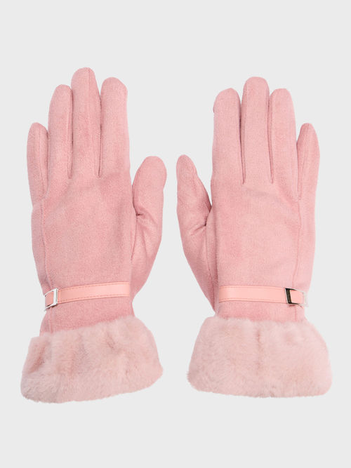 Twenty Dresses by Nykaa Fashion Light Pink Faux Fur Buckled Winter Gloves