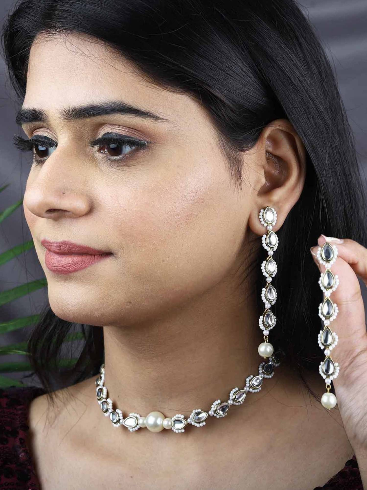 BeAbhika White Kundan and Pearl Jewellery Set