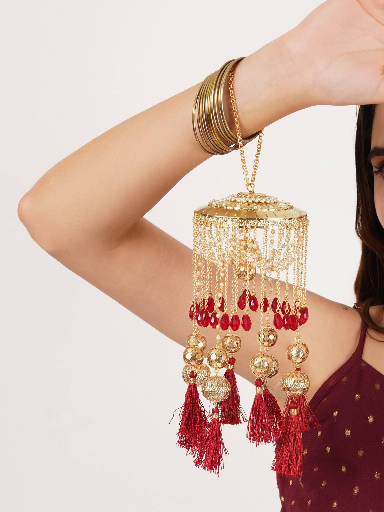 BeAbhika Red Chandelier Pearl Tassels Kaleeras