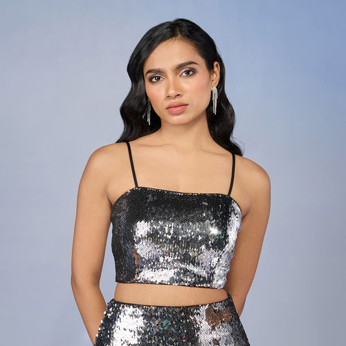 Silver Sequin Strappy Crop Top