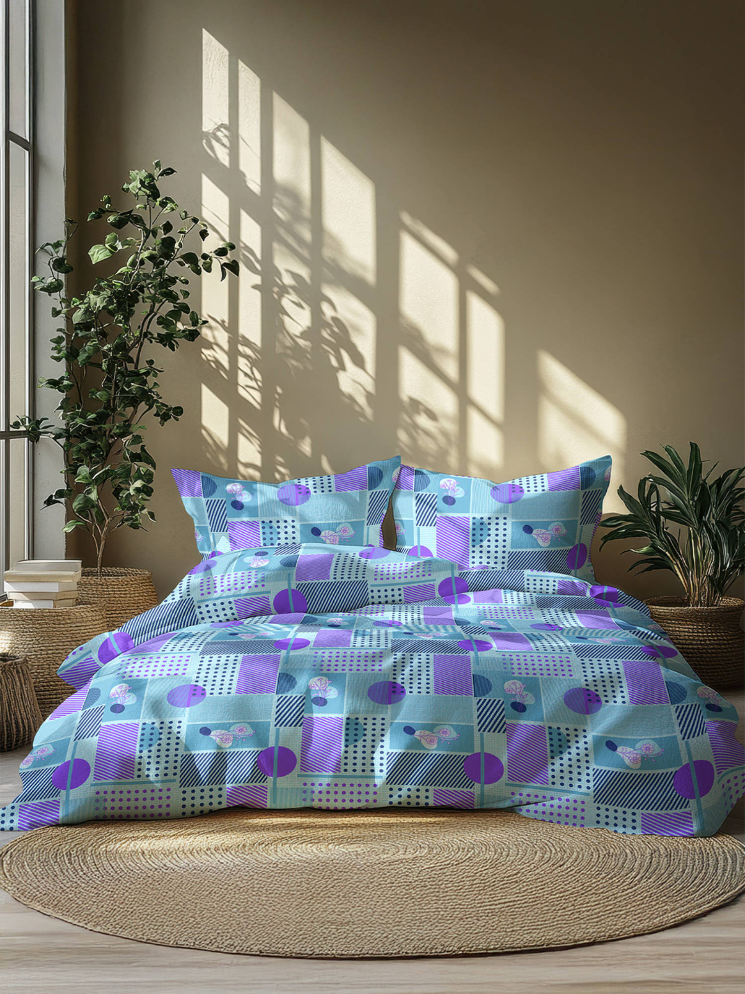 GRES Home 120TC 100% Cotton Super King Bedsheet with 2 Pillow Covers - Blue