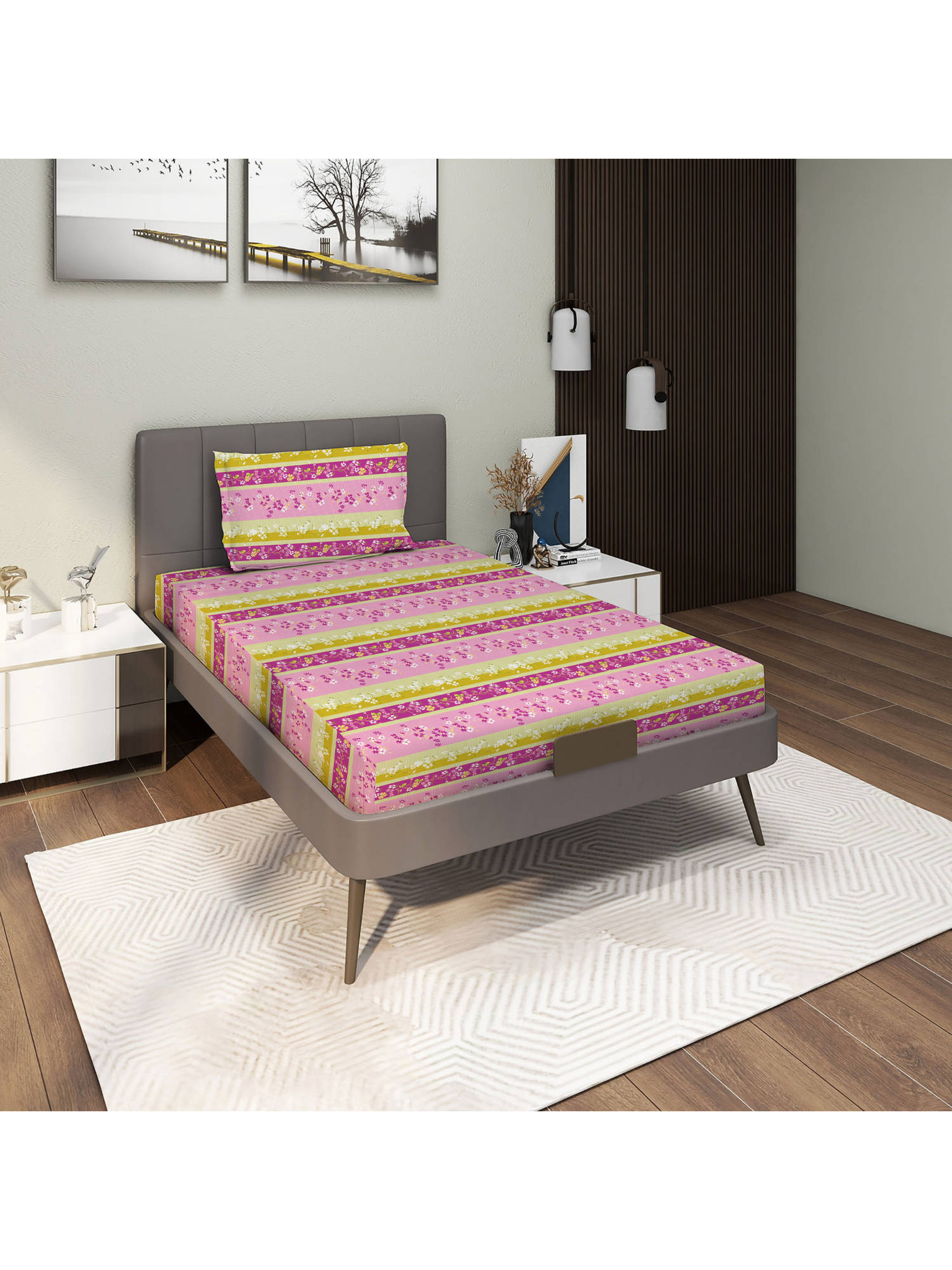 GRES Home 120TC 100% Cotton 2 Single Bedsheet with 2 Pillow Covers - Light Pink (Pack of 2)