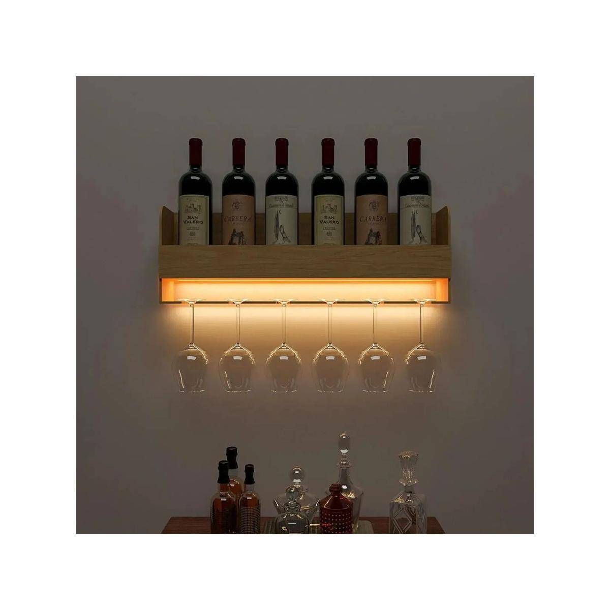 Dekorstation Minimalistic Backlit Wall Mounted Bar Shelf in Light Oak Finish