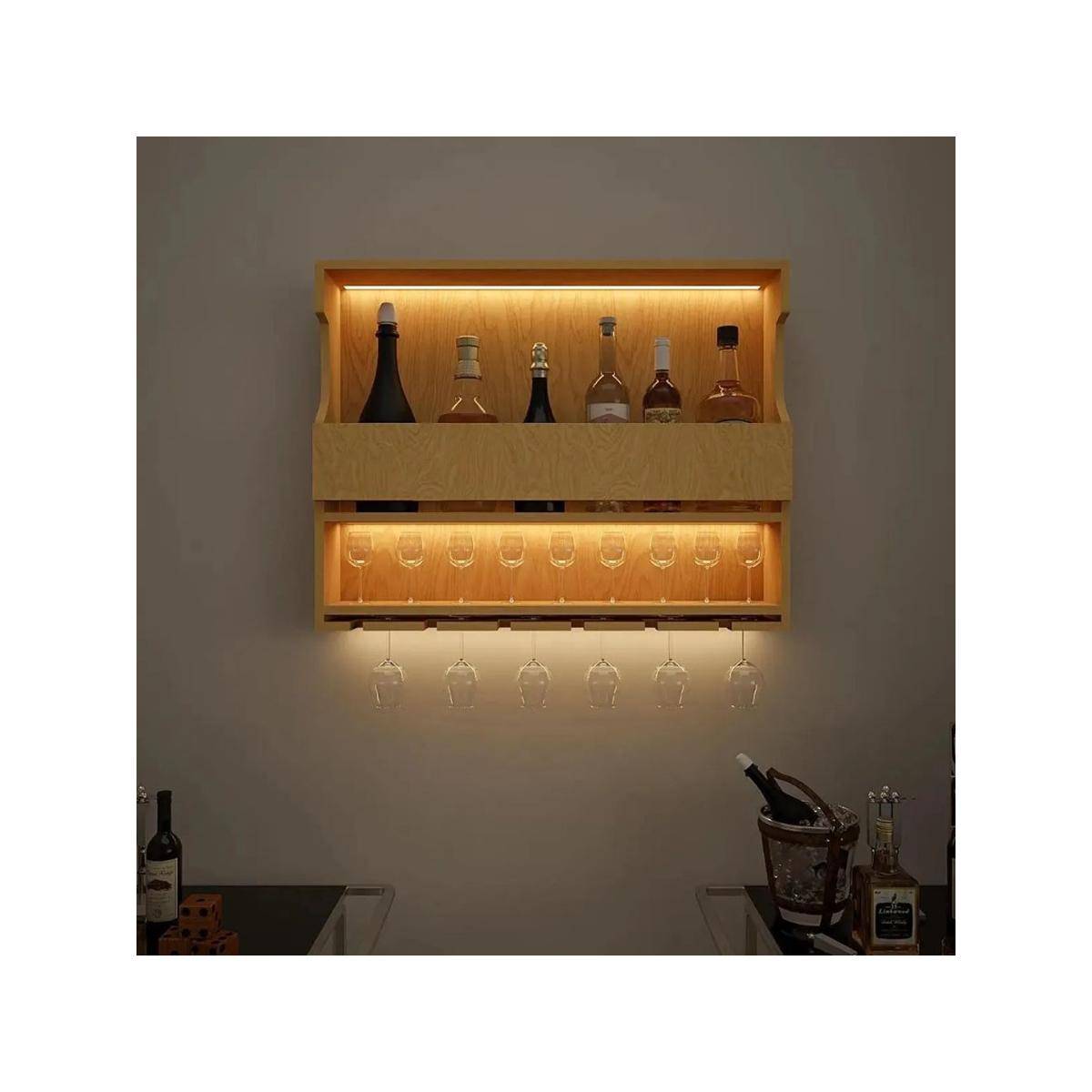 Dekorstation Premium-Quality Backlit Wooden Bar Wall Shelf / Mini Bar Cabinet in Light Oak Finish