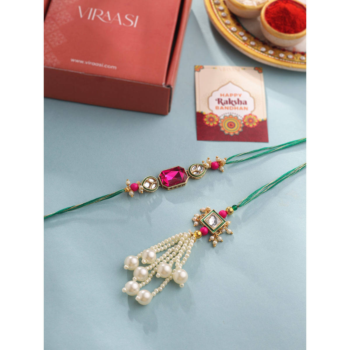 VIRAASI Bhaiya Bhabhi Rakhi Lumba Set with Perfume, Roli Chawal & Card