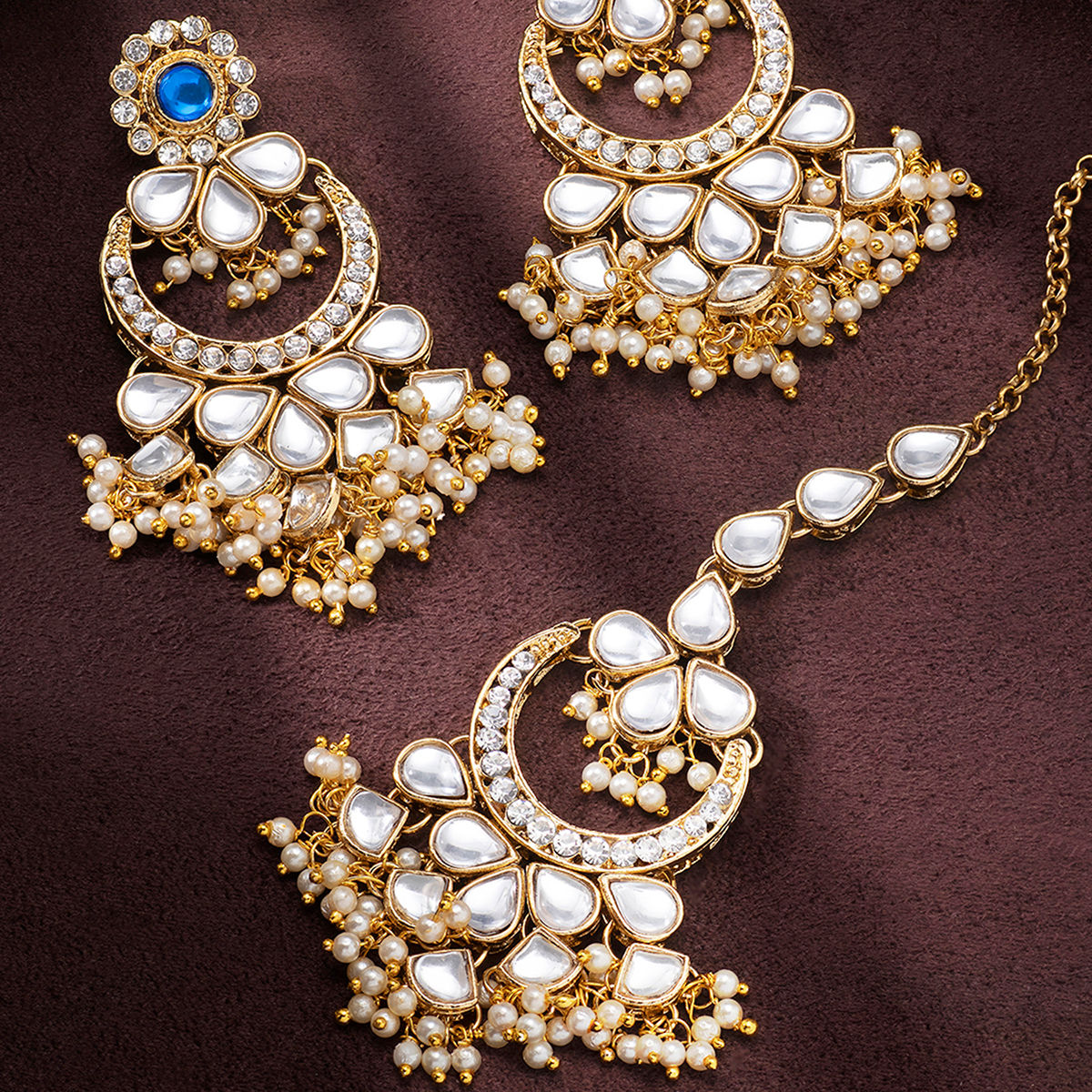 Bridal Earrings Tikka Set Kundan Earrings Tikka Set White Pearl Earrings  Tikak Set  Charming Jewelry  3630644