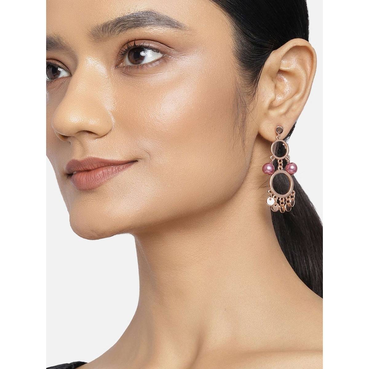 Estele Rose Gold Plated Double Circle Dangle Earrings with Pearl for Women