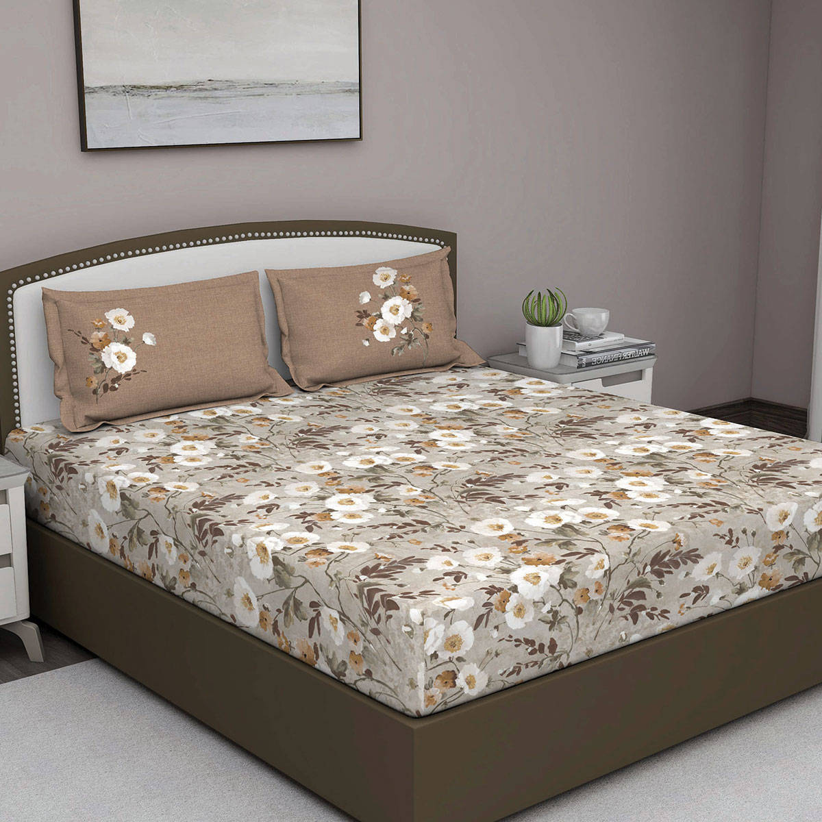 GM Beige Floral 180 Tc Cotton Queen Bedsheet With 2 Pillow Covers