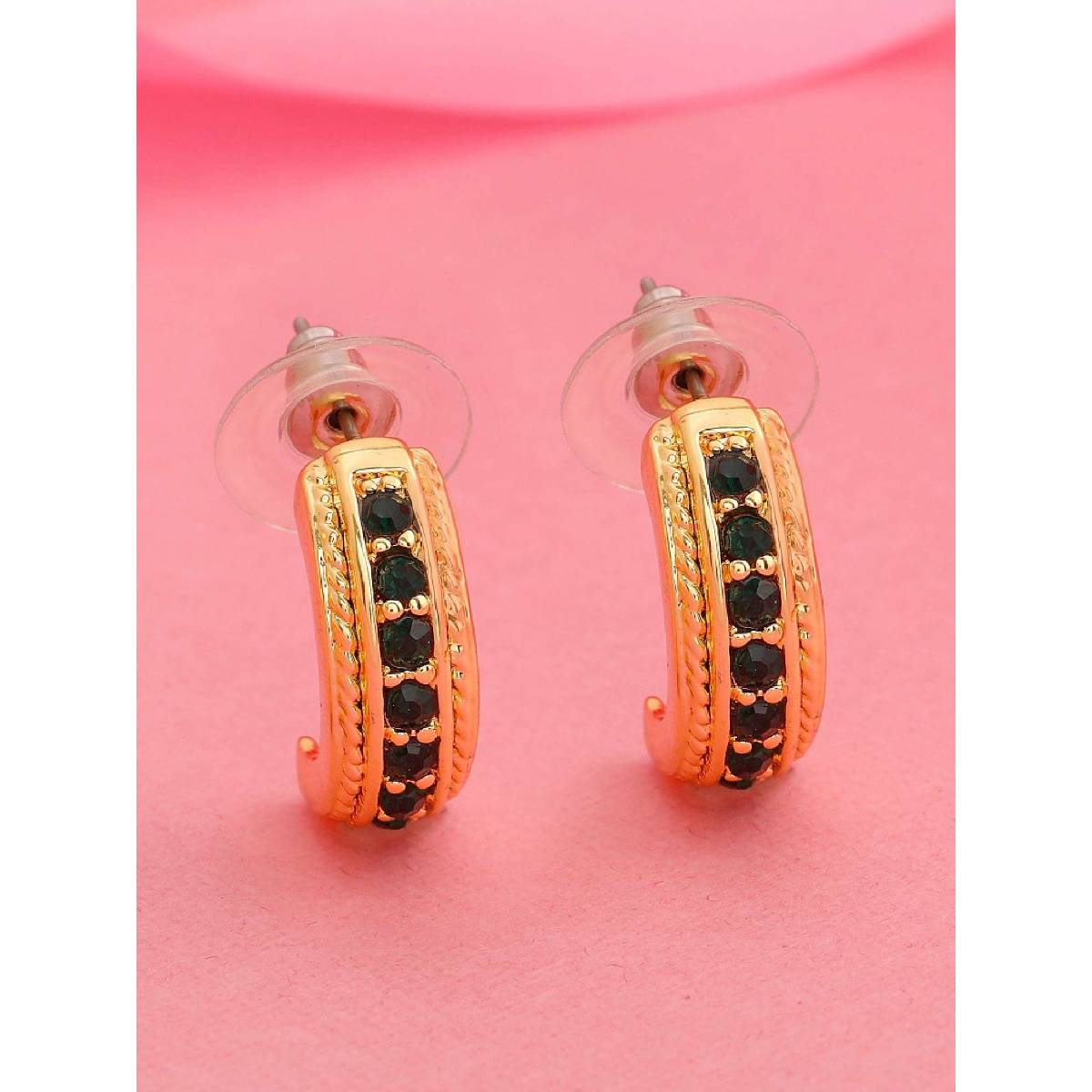 Estele Gold Plated Streamlined Stud Earrings with Green Crystal for Girl and Women