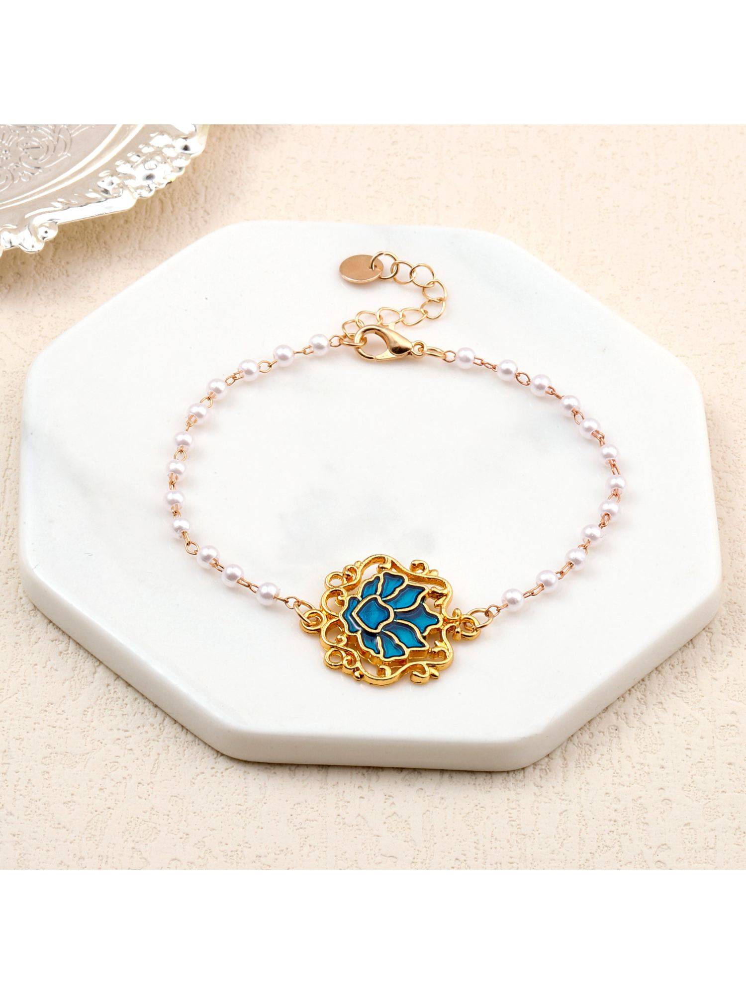 Salty Serenity Lotus Blue Charm Gold Bracelet