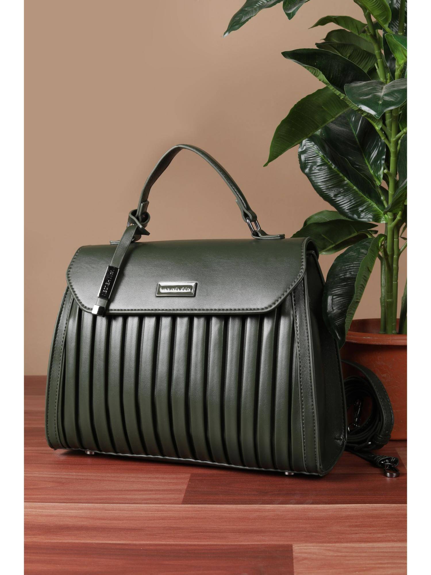 Van Heusen Women Green Textured Casual Handbag With Detachable Strap