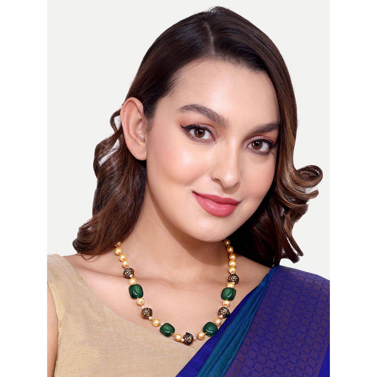 Abdesigns Gold Plated Jaipuri Green Beads Pearls Mala Necklace