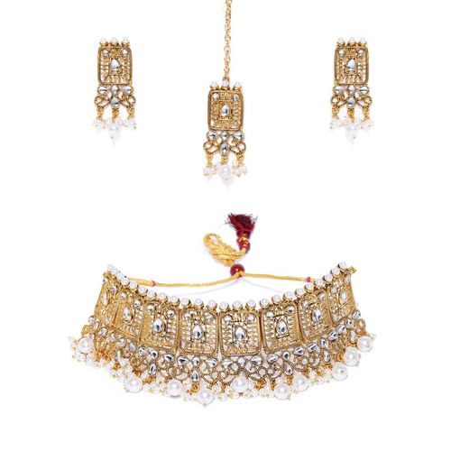 Zaveri Pearls Antique Gold Tone Kundan Pearls Choker Necklace, Earring  Maangtikka Set ZPFK8965