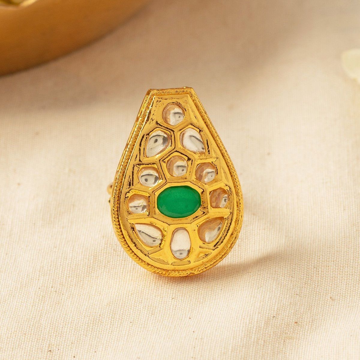 Azai by Nykaa Fashion Gold Tone Statement Ring With Green Stone