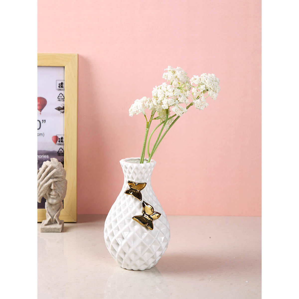 Tayhaa Opulent White Toned Textured Ceramic Flower Vase