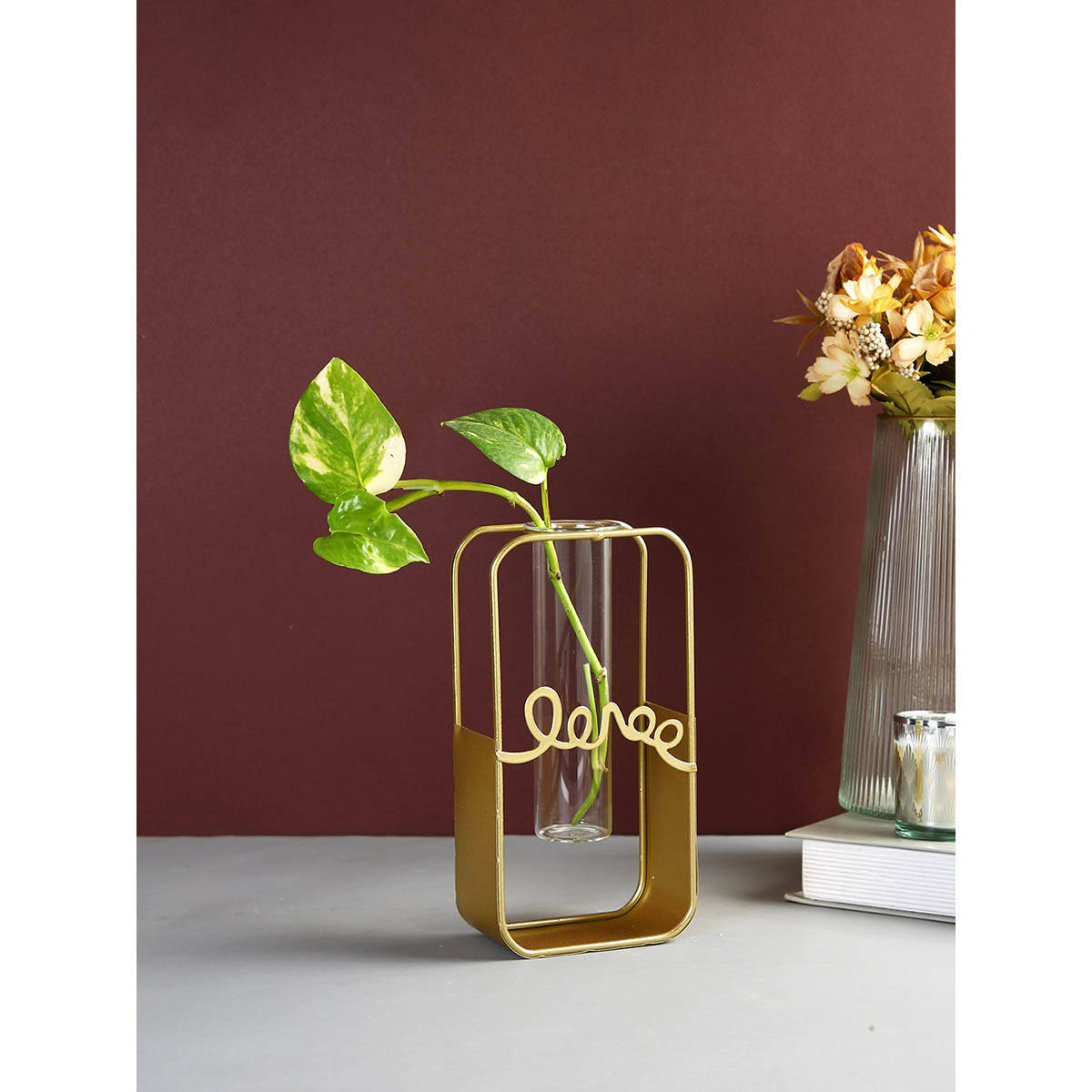 Tayhaa Golden Grace Transparent Glass Frame Flower Vase
