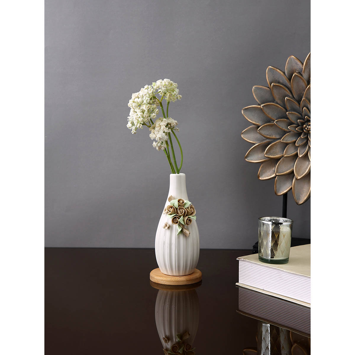 Tayhaa White Textured Ceramic Bloom Bottle Flower Vase
