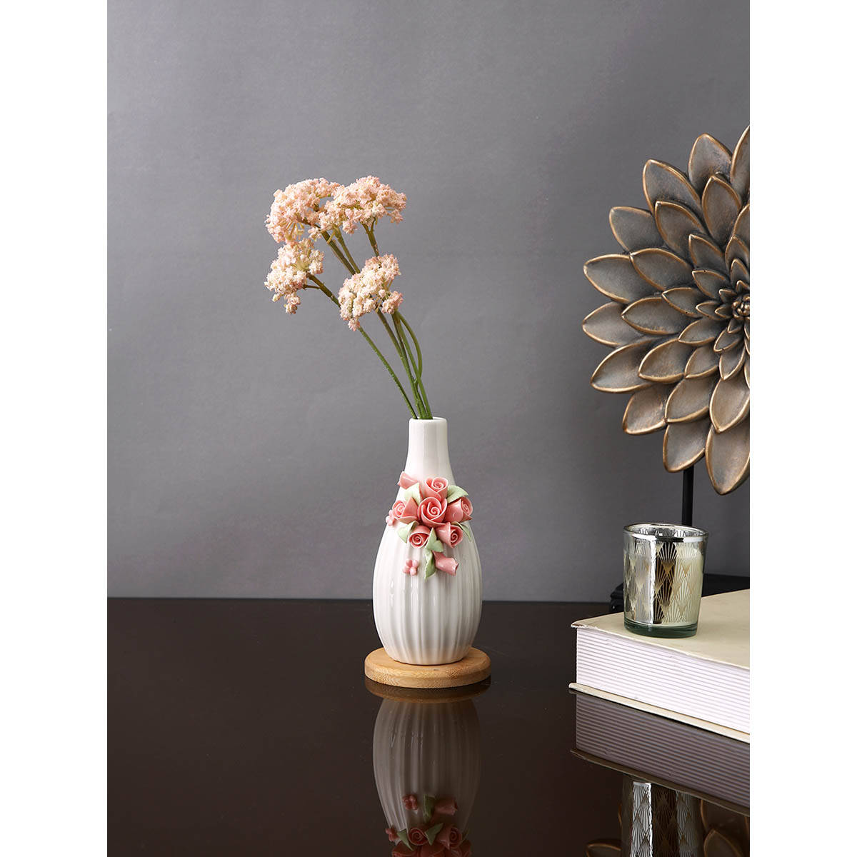 Tayhaa White Textured Ceramic Bloom Bottle Flower Vase
