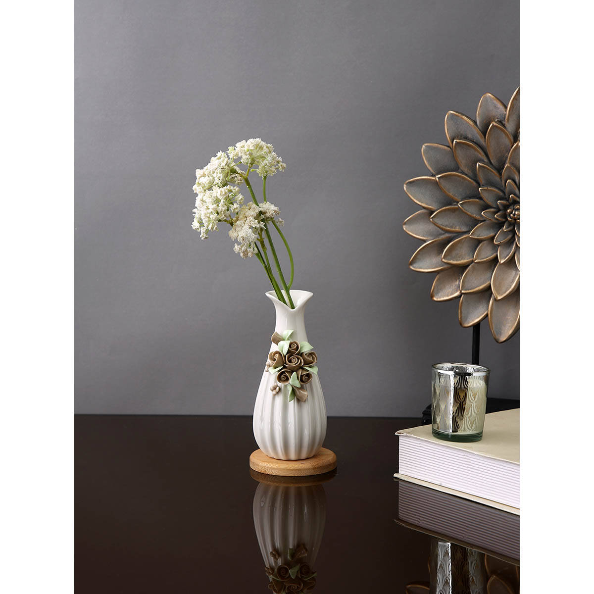 Tayhaa White Bloom Flared Textured Ceramic Flower Vase