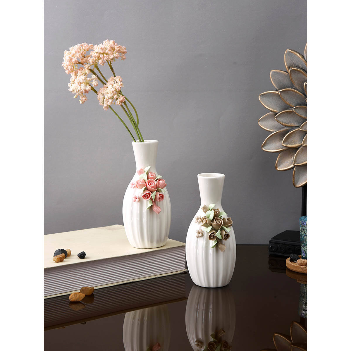 Tayhaa White Textured Ceramic Bloom Flower Vases (Set Of 2)