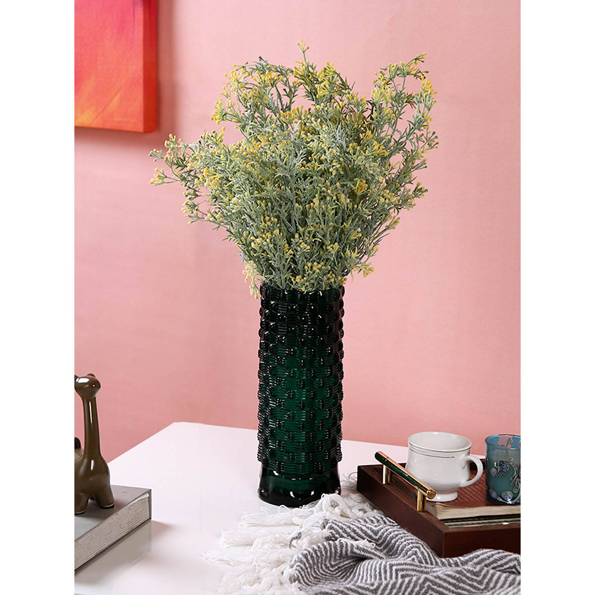Tayhaa Emerald Green Textured Glass Flower Vase