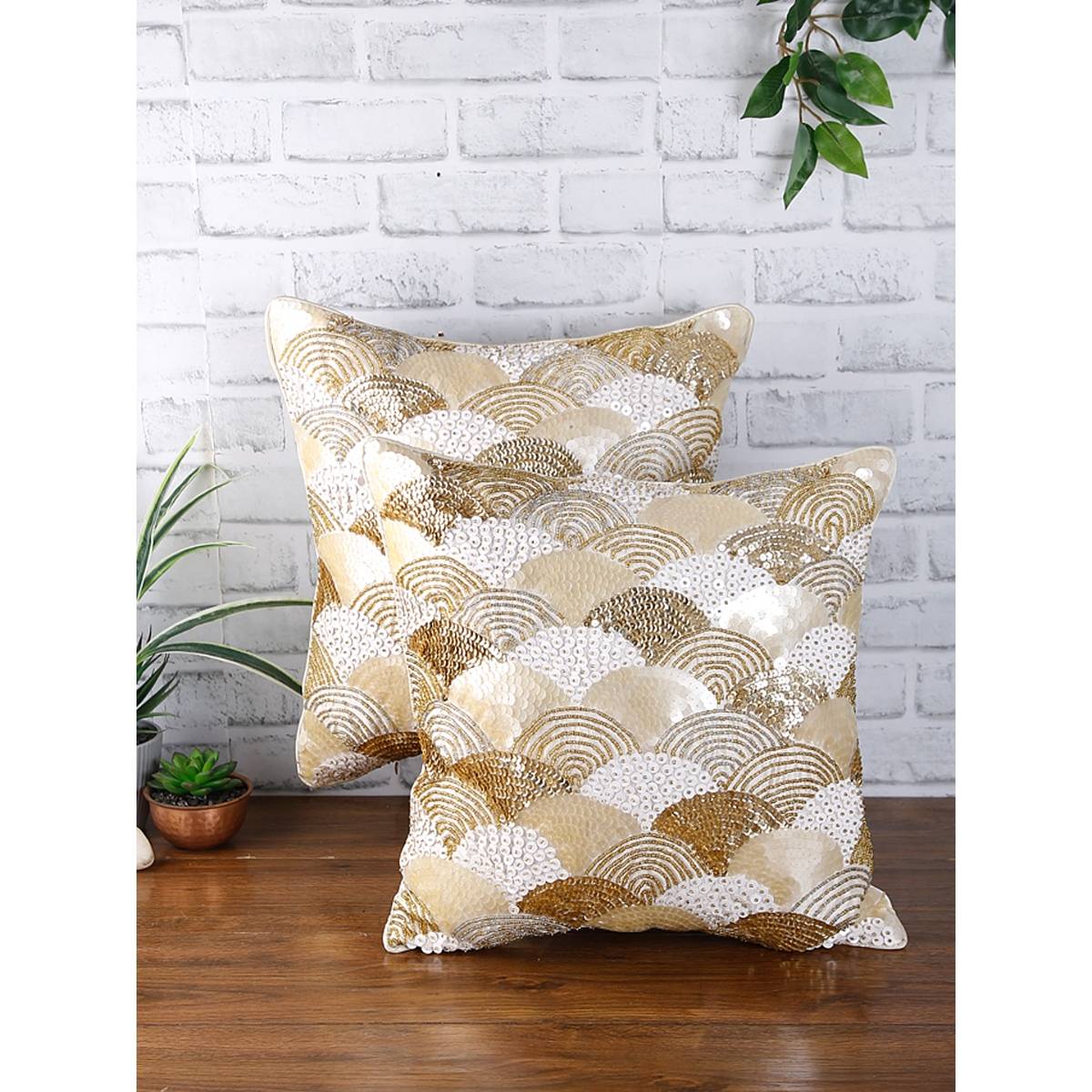 eyda Gold And Silver Color Embellished Set Of 2 Cushion Cover-16X16 Inch