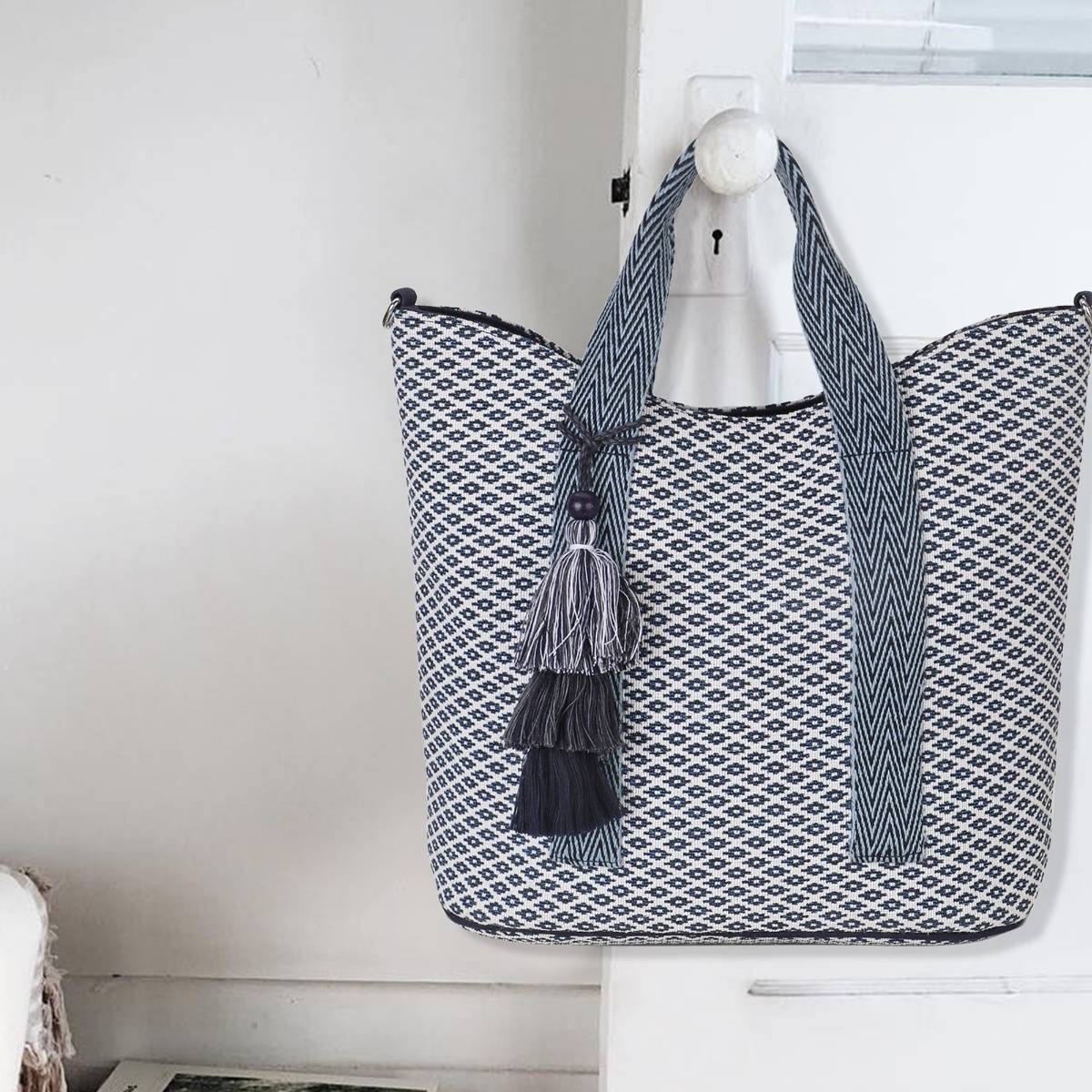 Anekaant Boho Blue & White Cotton Canvas Diamond Jacquard Handheld Bag