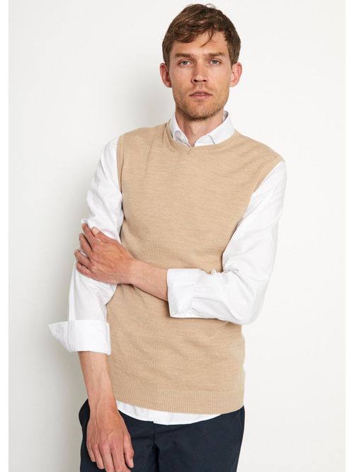 Bruun Stengade Men Beige Solid Round Neck Sleeveless Sweater
