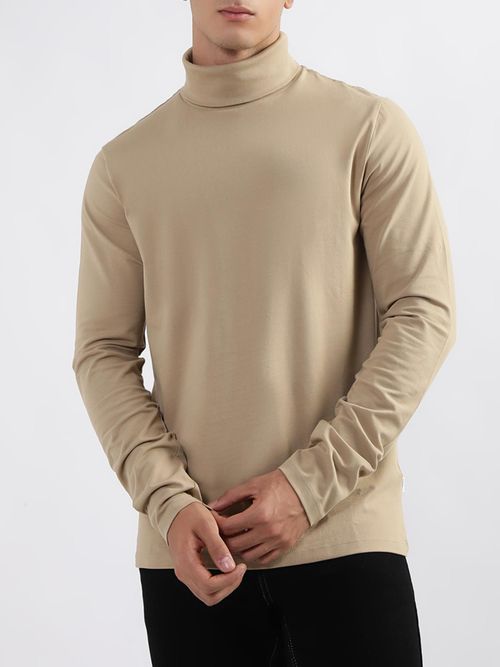 LINDBERGH Men Beige Solid Turtle Neck T-Shirt