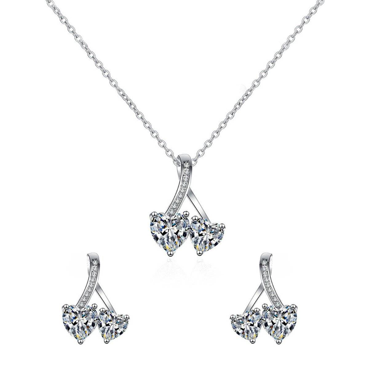 Yellow Chimes White Dual Heart Crystal Pendant Necklace Set With Earrings