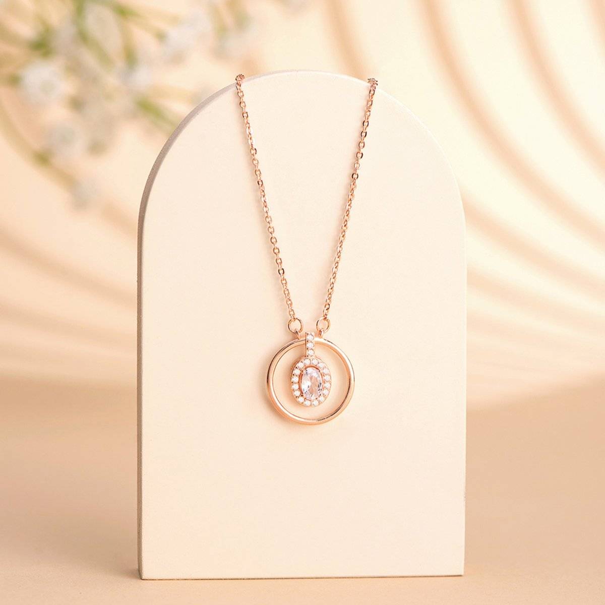Yellow Chimes Rose Gold Circle Designed Crystal Studed Pendant Necklace