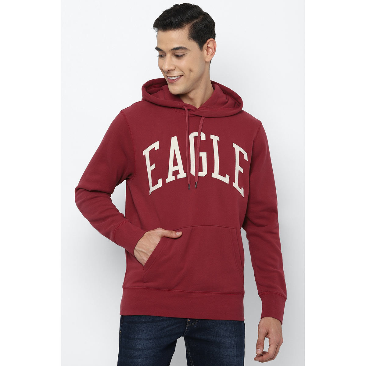 Buy American Eagle Men Red Super Soft Graphic Hoodie Online