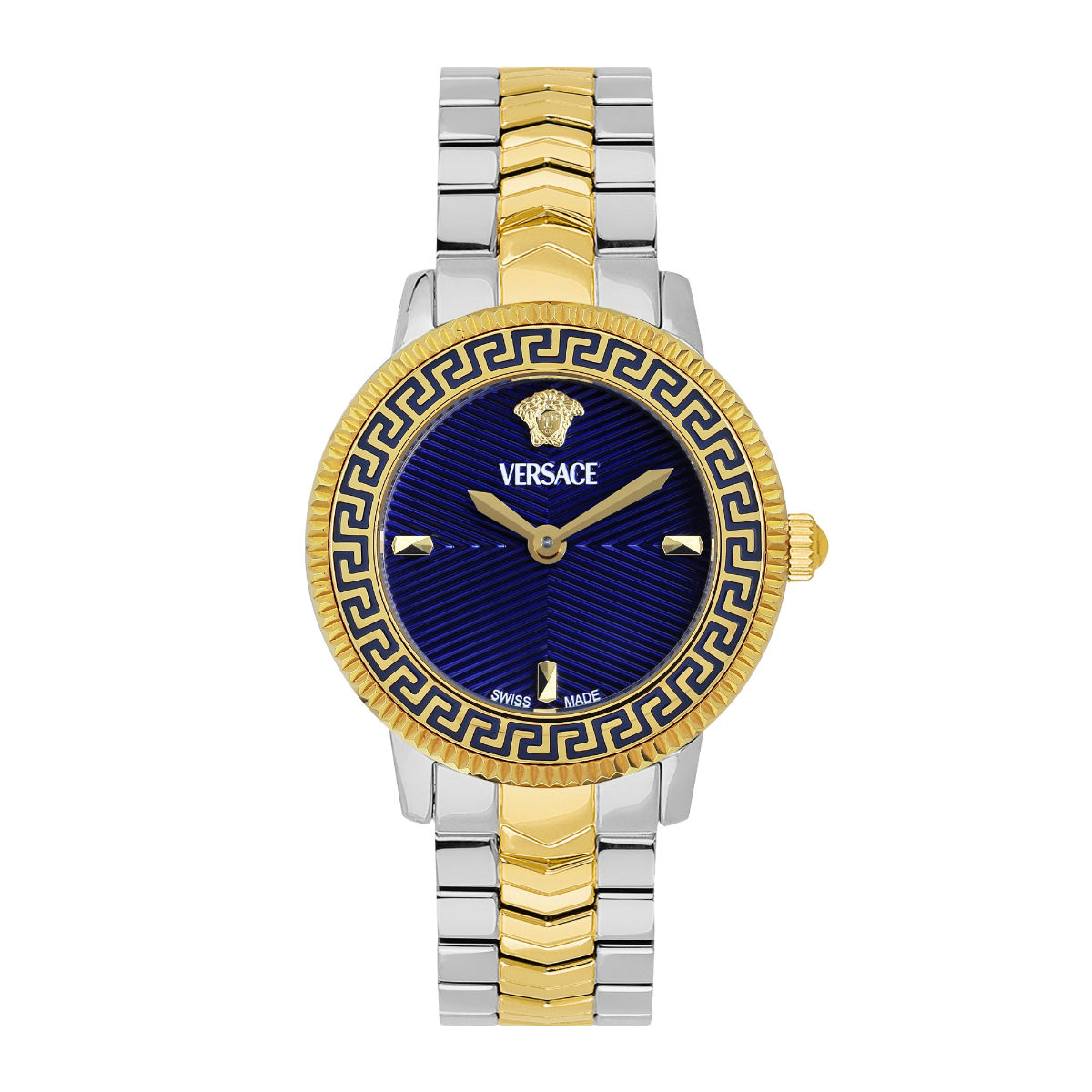 VERSACE レディース 時計 ゴールド/ネイビー Buy Versace Women V-Icon 30 mm Navy Blue Dial Analog Watch
